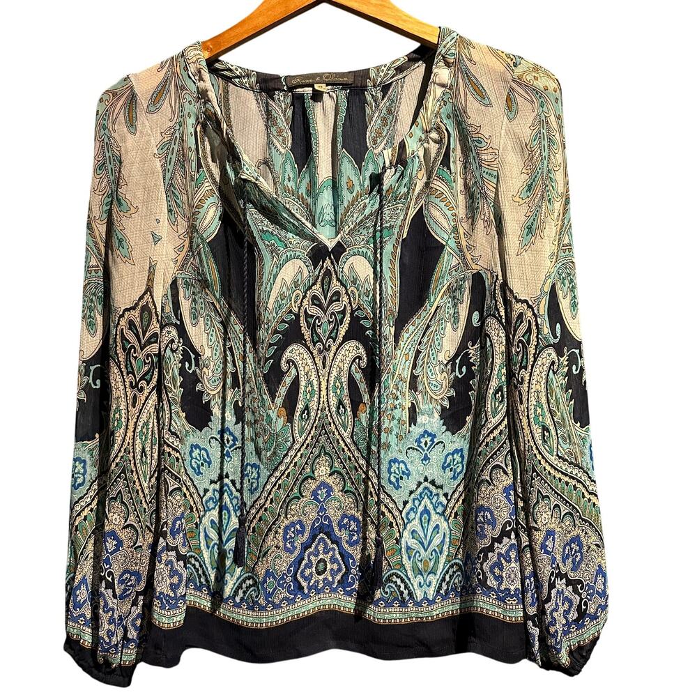 Rose+Olive Size XS Boho Navy Turquoise Paisley Blouse Office Work Professional